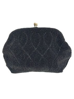 Vintage Unbranded Beaded Kiss Lock Clutch Fully Satin Lined Brass Toned Hardware